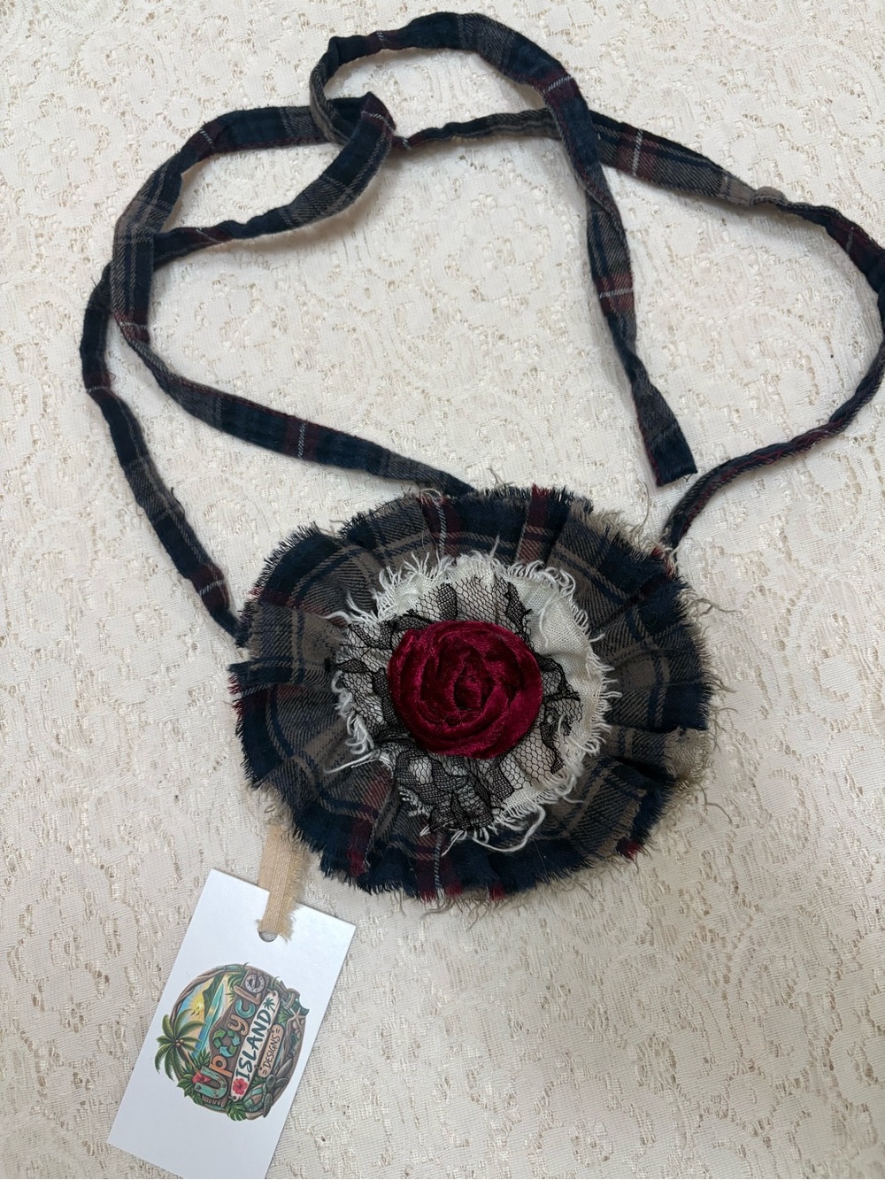 Floral Plaid Fabric Jabot Necklace with Red Rose Accent